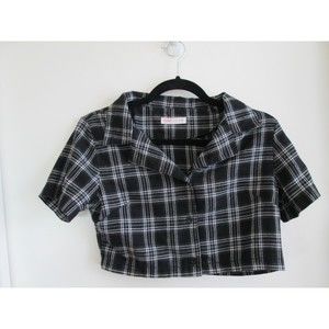 Romwe Flannel Cropped Shirt Black & White 18" pit to pit Cotton Blend S (14-105)